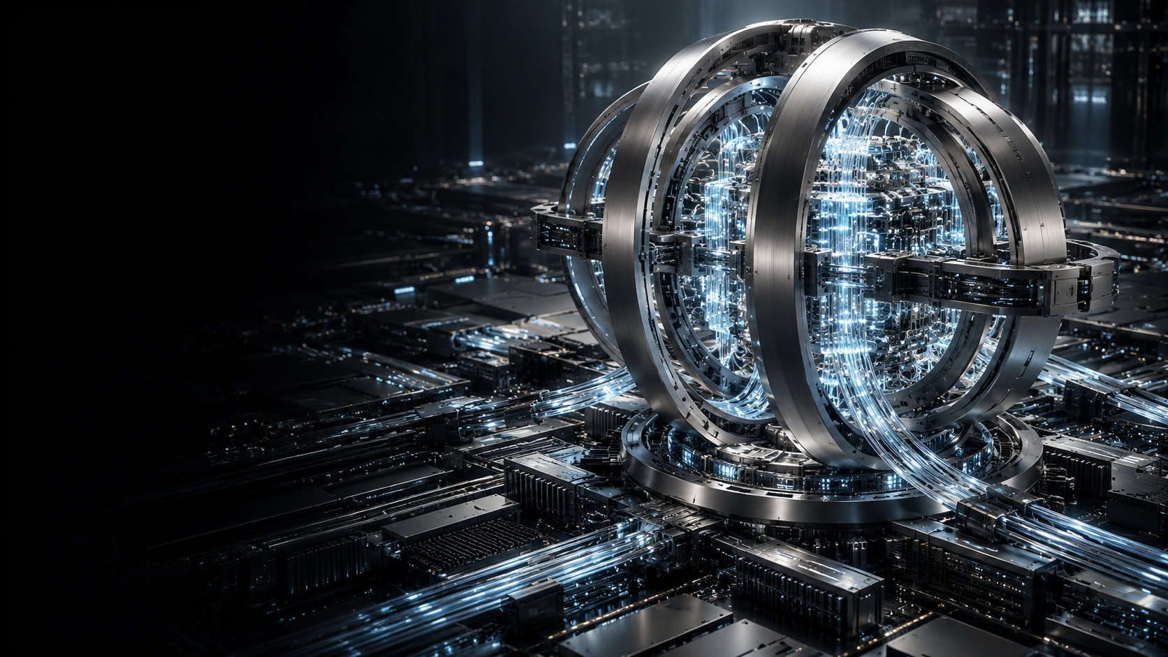 Futuristic titanium AI computing core illuminated by icy-blue circuitry