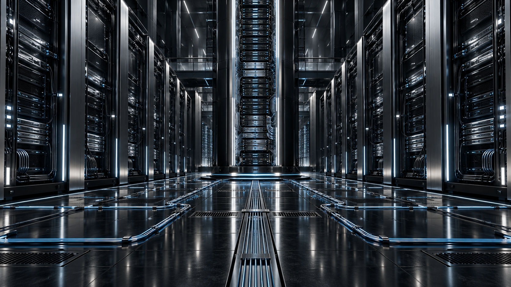 Cinematic computer infrastructure with silver server towers and blue fiber-optic connections